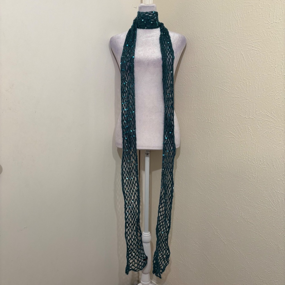 Rue21 Teal Crochet Mesh Skinny Scarf Extra Long Blue Sequins Y2K Boho Fairy